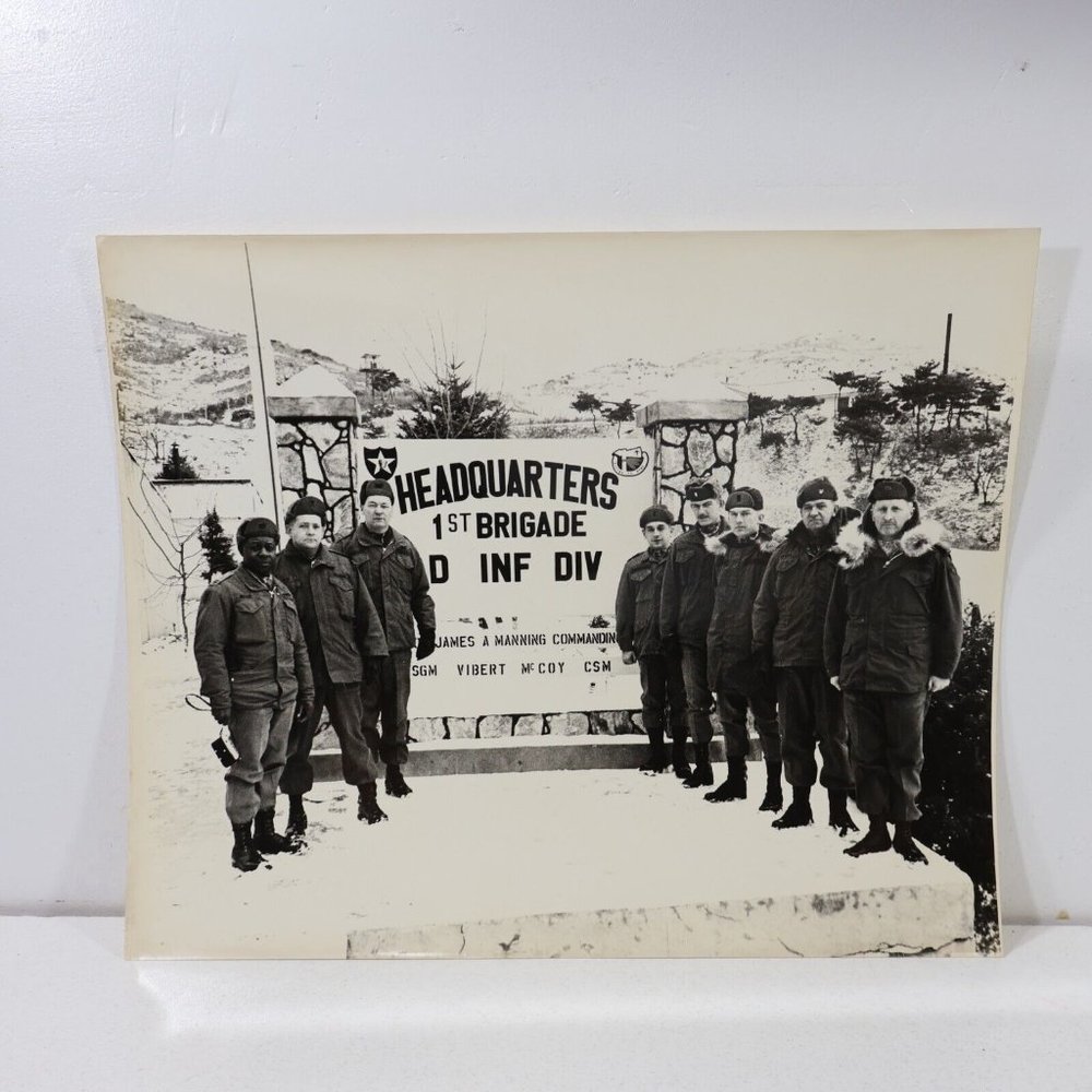 1969 Soldiers Posing in Front of Headquarters Sign at Camp Humphreys South Korea